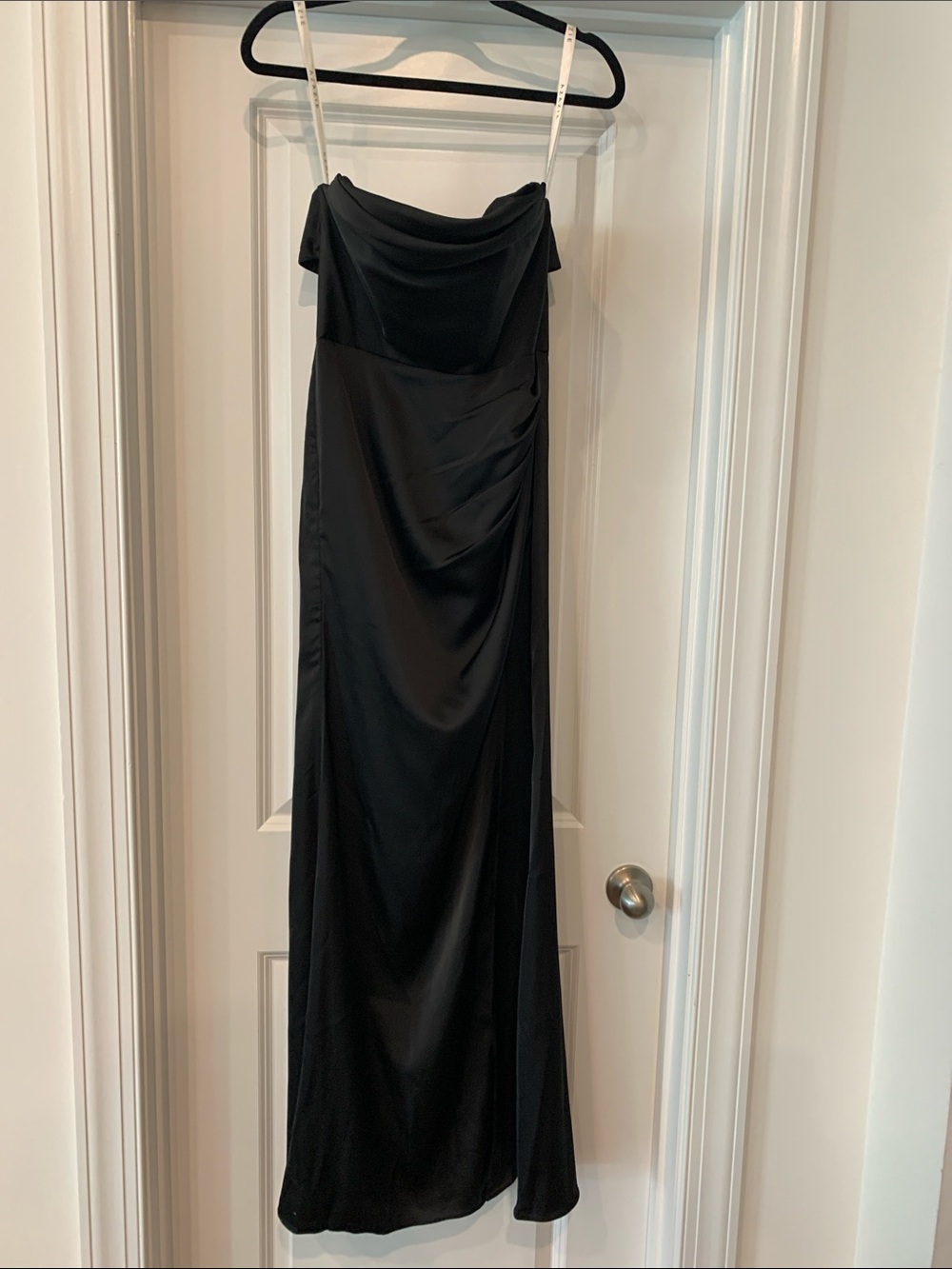 Azazie strapless Black Evening Gown - Classic column satin with split 6
